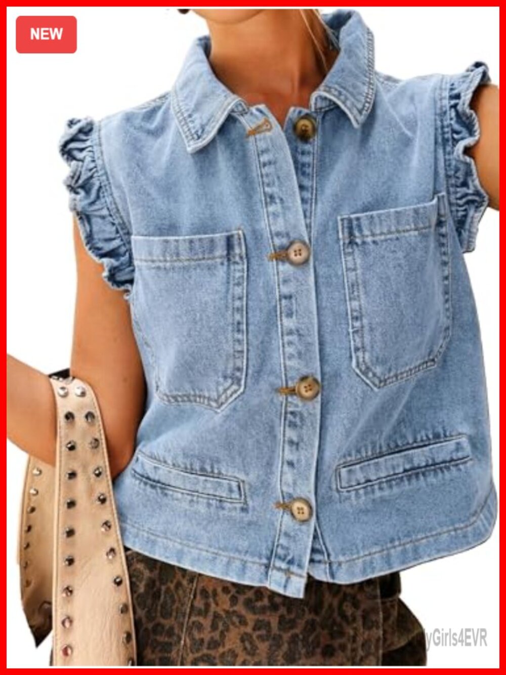Denim Vest Sleeveless Ruffle Cuffed Cropped Jacket Women's Casual